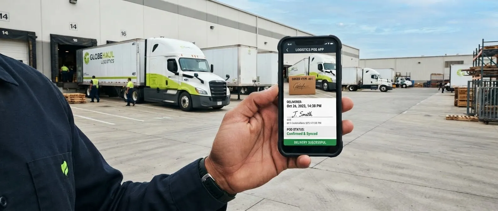 Operador mostrando en su celular la evidencia de entrega frente a un tractocamión en el andén