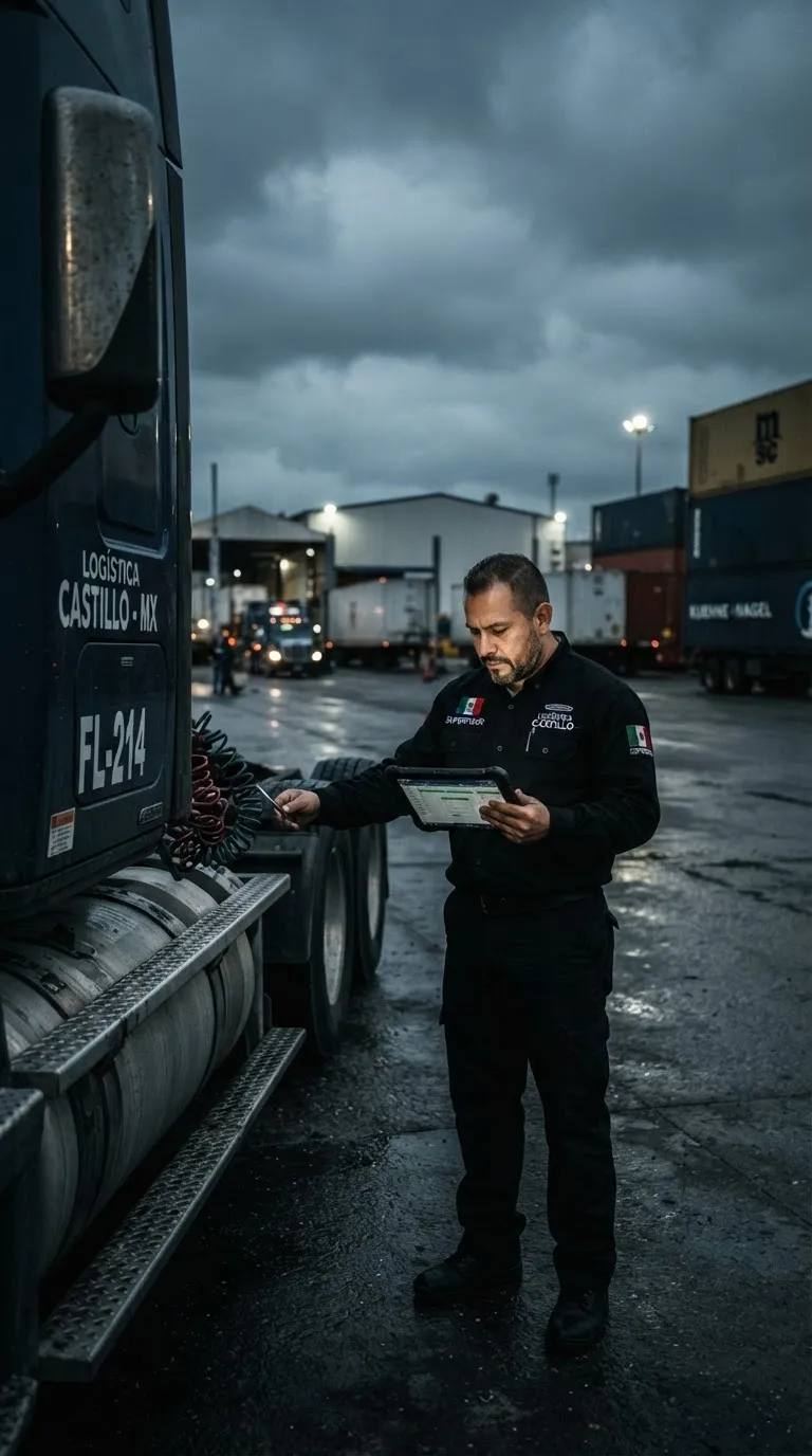Operador revisando una tableta junto a un tractocamión en el patio