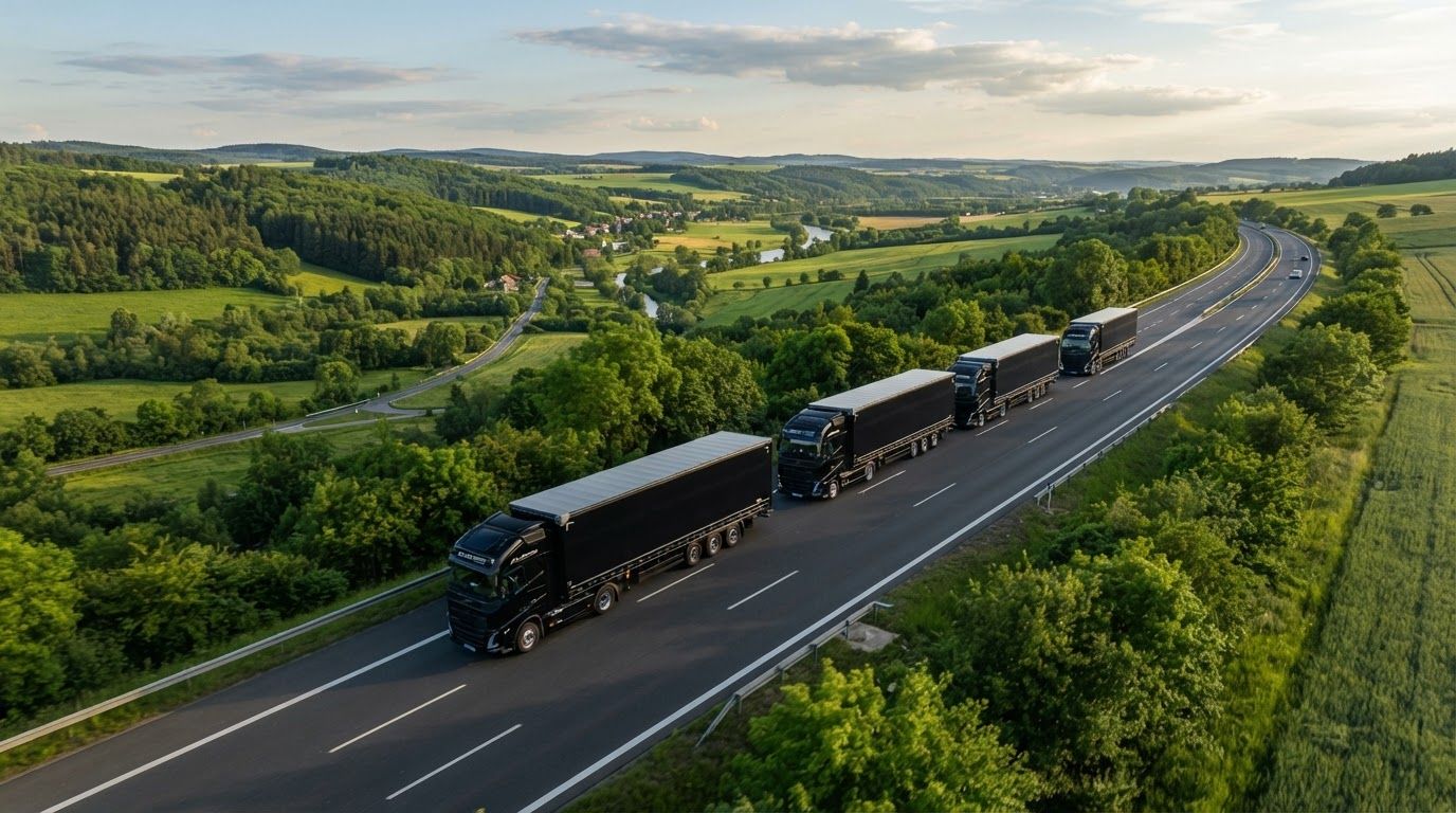Convoy de tractocamiones circulando por una carretera rodeada de bosque