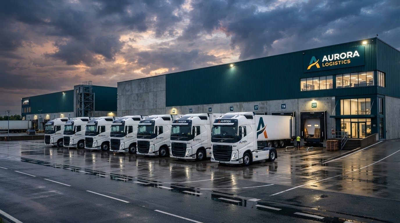 Tractocamiones blancos estacionados en los andenes de un centro de distribución al atardecer