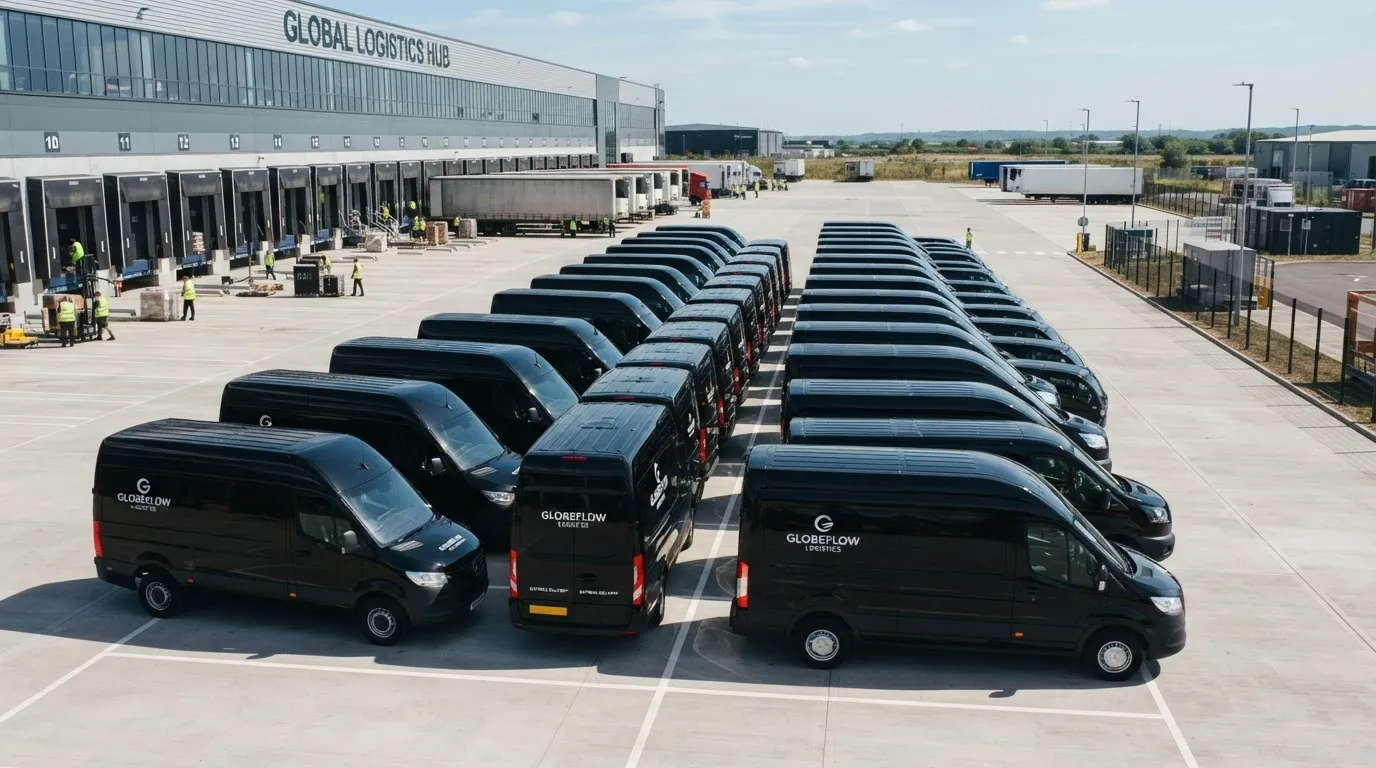 Flotilla de camionetas de carga estacionadas frente a un centro de distribución